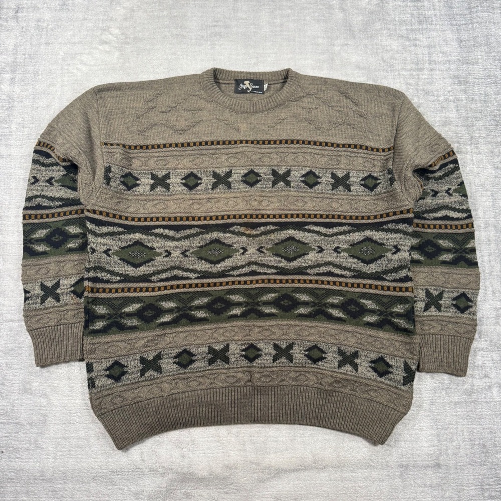 Gran Sasso Sweater Mens XL Brown Vintage 90s Geometric Knit Wool Grandpa Ski
